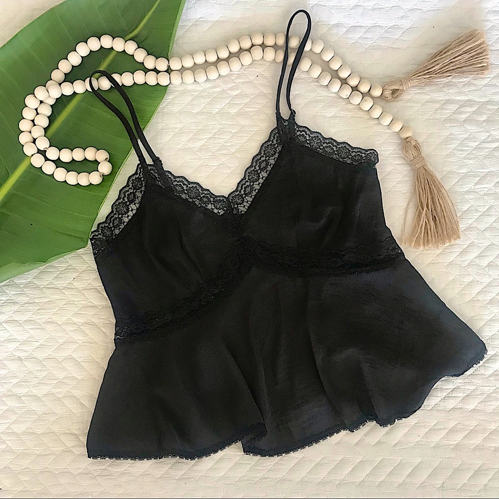 UO Kimci Blue Black Satin & Lace Swing Top XSMALL